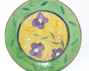 Yellow and green Floral themed dinner plate - earthenware, handbuilt food safe plate made by Kaitlyn Brennan/Brennan Pottery