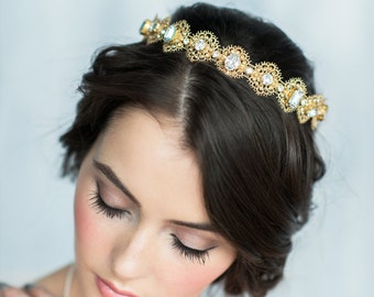 Gold Bridal Crown, Lace Crown, Crystal Headpiece, Bridal Hair Piece, Modern Tiara, Crystal Tiara, Wedding Crown, Bridal Headband, ELENORA