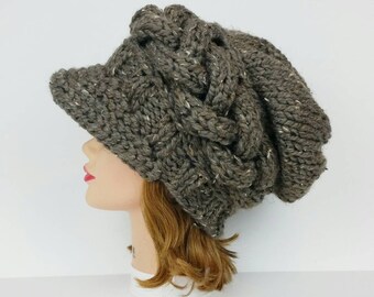 Knit Newsboy Cap, Visor Beanie, Chunky Knit Hat, Women's Hat, Cable Knit Hat, Newsboy Hat, Visor Hat, Slouchy Hats For Women, MADE TO ORDER