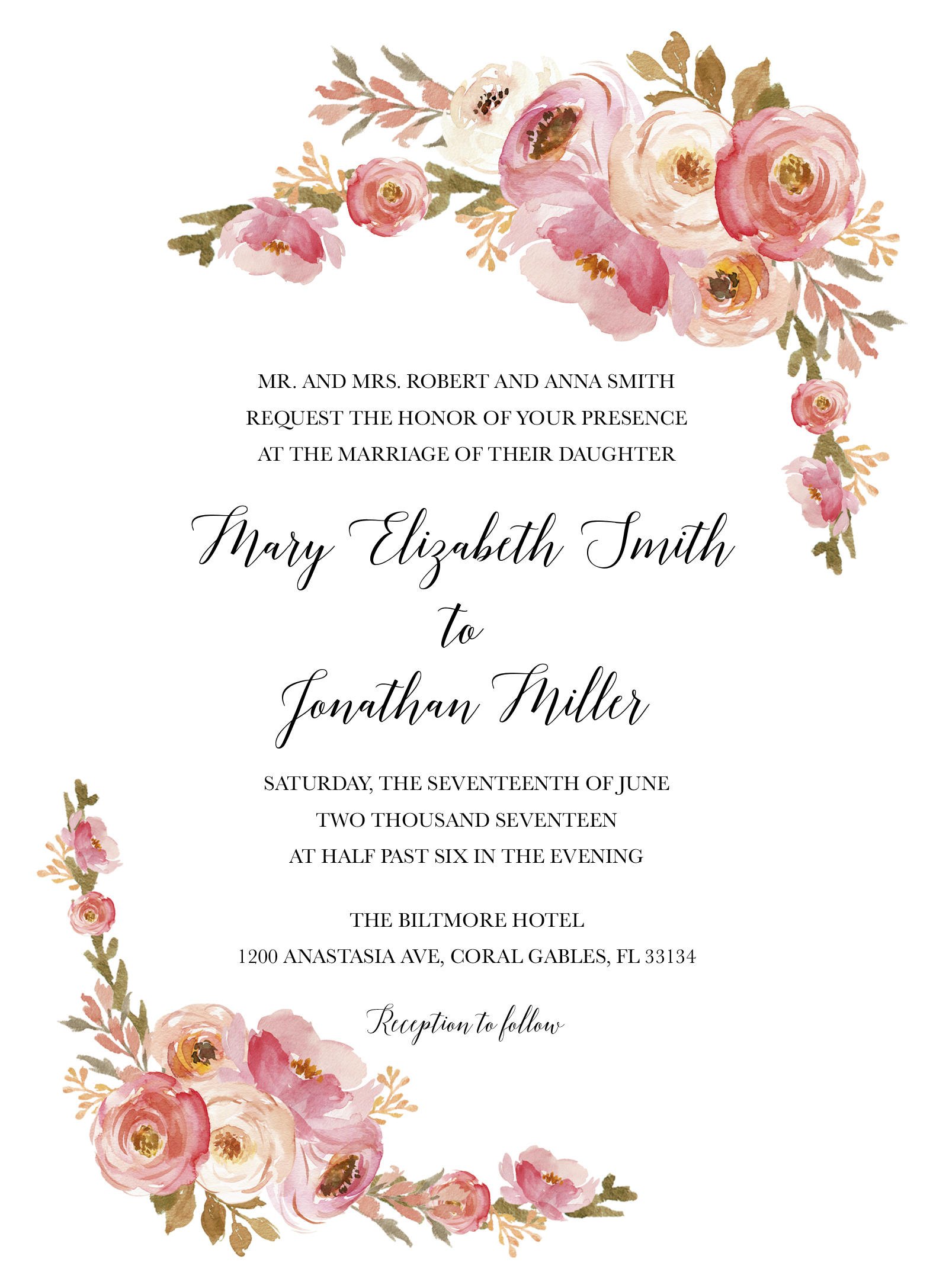 Blush Wedding Invitation, Pink Floral Wedding Invitation ...