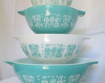 Vintage Pyrex Cinderella Mixing Nesting Bowls AMISH BUTTERPRINT Full Set of 4 Turquoise and White
