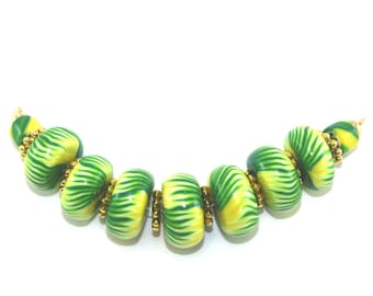 Fine rondelle jewelry beads DIY jewelry making gift for her Round beads Polymer Clay beads Nature Green Yellow bracelet beads for Mom 9 pcs