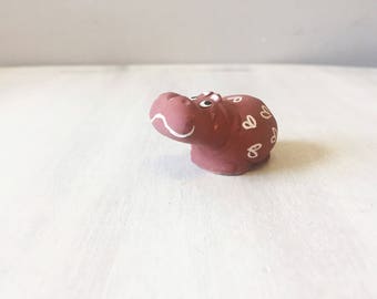 Small pottery hippo, pottery hippopotamus, hippo figurine, clay figurine, hippo miniature, vintage hippo, vintage miniature, ceramic hippo