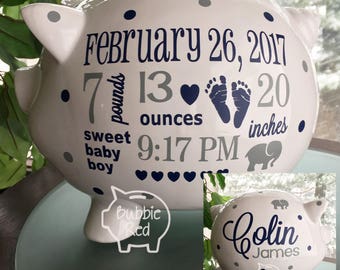 Personalized Piggy Bank, Elephant Theme Baby Boy Piggy Bank,Baby Birth Stats Gift, Baby Boy Gift, Piggy Bank, New Baby Gift, Baby Bank