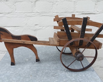 Vintage 1930 wooden wagon/wooden horse/harnessing/carriage toy