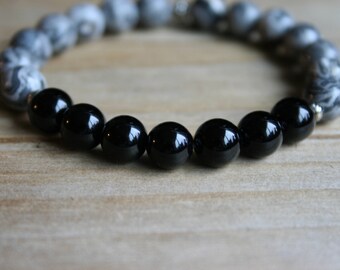 M/L Scenery Jasper & Black Quartz Beaded Stretch Bracelet