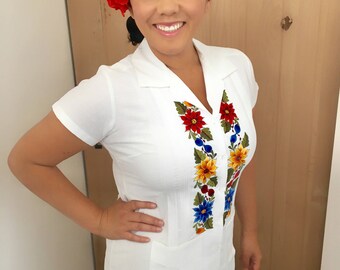White Women's Guayabera Embroidered Yucatan Dress