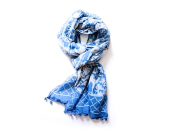 Indigo Scarf Fall Scarf blue and white, Block print Cotton Scarf with pom poms SKINNY, Women Fashion Accessories Gift Ideas For Her - baagh