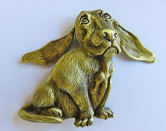 JJ Jonette Bronze Bassette Hound Dog With Articulating Ears Brooch Pin