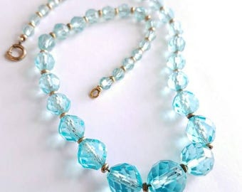 Art Deco aqua blue cut crystal necklace by Simmons signed Art Deco flapper jewelry