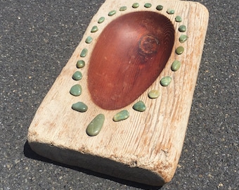 Carved Redwood Bowl With Jade Pebbles