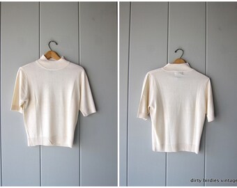 Silk Knit Top | Cream Thin Knit Shirt | Short Sleeve Spring Sweater Top Preppy Modern Minimal Basic Tee Womens Medium Large