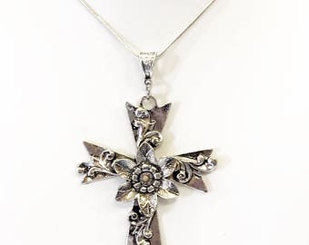 Mustard Seed Necklace, Mustard Seed Flower Cross Necklace, Mustard Seed Jewelry, Mustard Seed Faith Gift, Ornate Cross Necklace Gift For Her