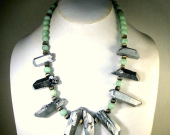 Stone Spikes, Silver Crystal Spike Necklace, Black White OxBone, Green Jade Necklace, OOAK Rachelle Starr, Tribal of Course