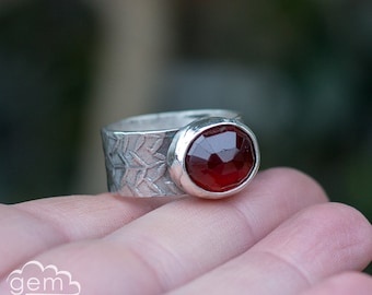 Bestow Ring ~ sterling silver wide band ring with Garnet