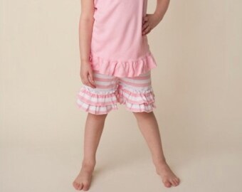Girls pink and white striped ruffle shorts