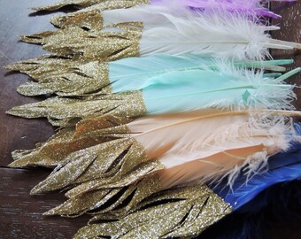 Guirlande de plumes ou simple plumes paillettes d’or plumes plongé Boho fête Decor Wild One Tribal Princess Baby Shower pépinière décor toile de fond