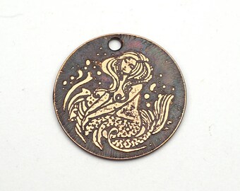Etched copper mermaid charm, round flat metal focal point, 25mm