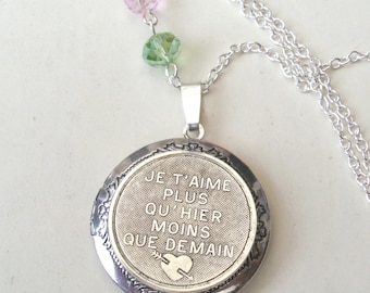 French Locket, Love Necklace, I Love You More Than Yesterday and Less Than Tomorrow, Antique Silver Locket, Je t'aime, Valentine Locket