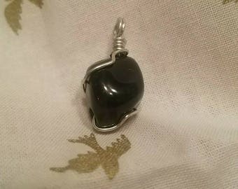 Tumbled Black Agate Crystal Pendant Wrapped in Silver Copper Wire