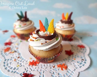 Fake Cupcake Thanksgiving Native American Indian Feathers Fondant Fall Autumn Decor Centerpiece