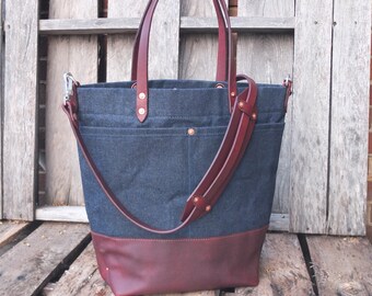 Waxed Denim Tote Bag with Leather Handles/Bottom/Strap/Magnetic Closure