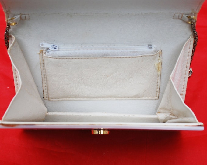 White Lucite Purse Clutch Mother of pearl plastic leather Mod Evening Bag