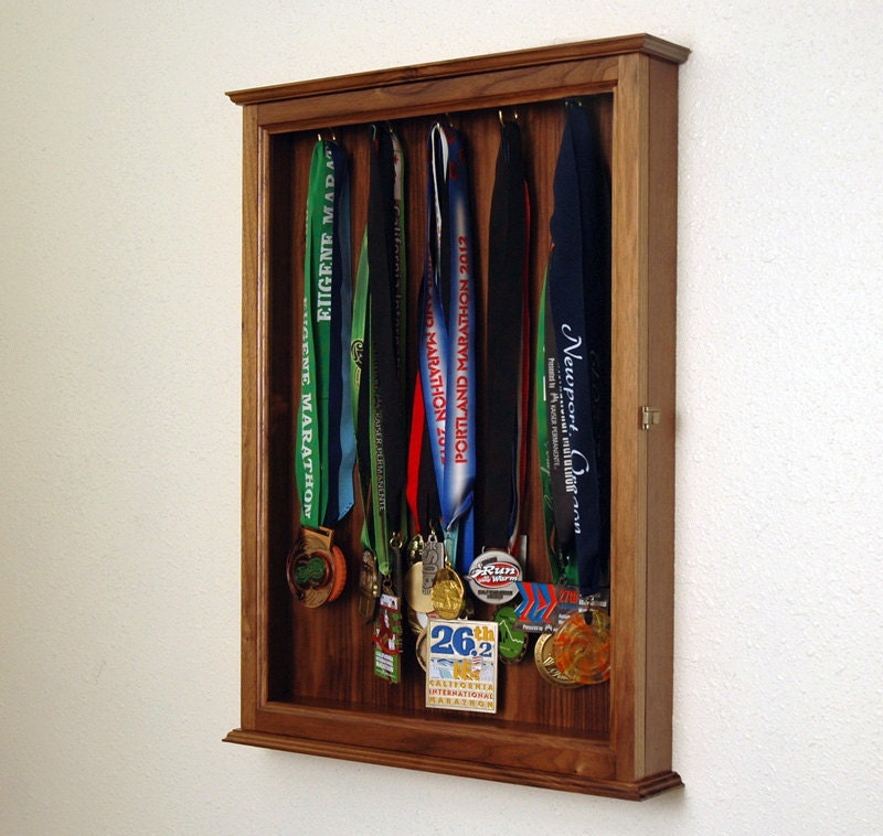 Walnut Sports Marathon Medal Display Case Cabinet Large Walnut Sports Marathon Medal Display Case Cabinet Large