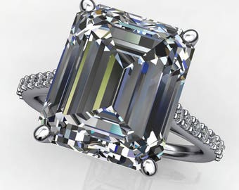 evangeline ring – 7 carat emerald cut NEO moissanite engagement ring, cathedral setting