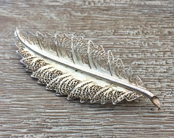 Vintage Silver Feather Brooch Filigree