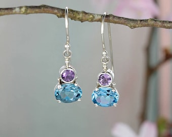 Violet Sterling Silver Blue Topaz & Amethyst Drop Earrings / Gifts for Girls / Natural Stone Jewellery