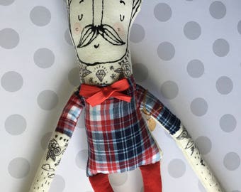 One left in stock -My Little Hipster- Boyfriend- Handmade Art Doll- Painted Plush- Mustache- Ready to Ship softie - children's toy and soft