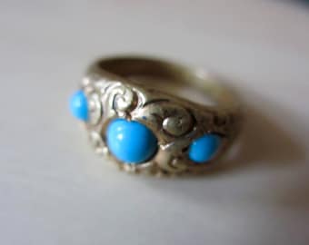 Victorian Aesthetic Era Turquoise Glass Repousse Ring Gilt Brass Band