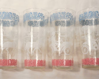 4 Horseless Carriage Clear Drinking Glasses Hazel Atlas