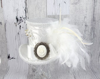 White on White Wedding Empress Collection Large Mini Top Hat Fascinator, Alice in Wonderland, Mad Hatter Tea Party, Derby Hat