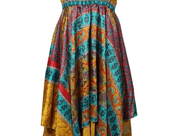 Happily Ever Sexy Halter Dress Vintage Silk Sari Two Layer Handkerchief Hem Printed Beach Sundress