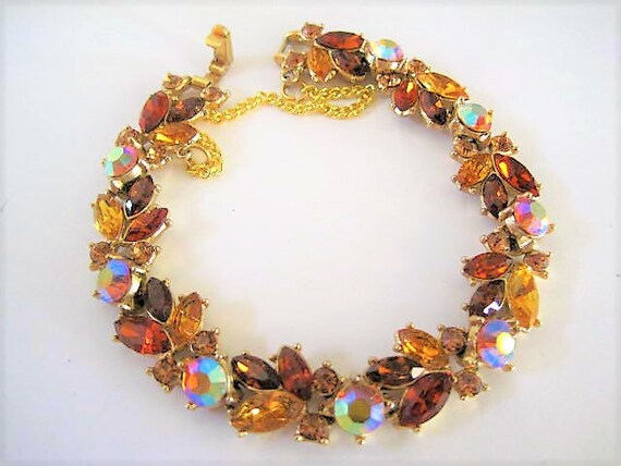 Crown Trifari Bracelet, Topaz Rhinestones, Link Bracelet, Aurora Borealis Center Stones, Vintage Trifari