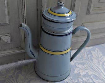Vintage enamel coffee pot cafétiere, pale blue and yellow striped, 1930's, enamel jug, enamelware kitchenalia, antique country kitchen item