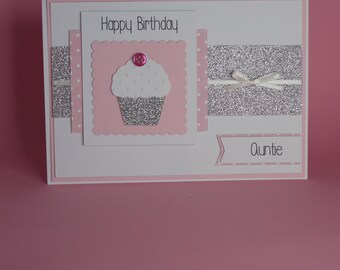 Pink Sparkly Cupcake Handmade Birthday Card, female birthday card, birthday card for her, pink cupcake card, sparkly, cupcake birthday card
