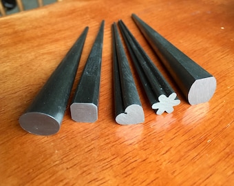 Tapered steel mandrels, set of five, heart, oval, flower, square and rectangle with arched sides