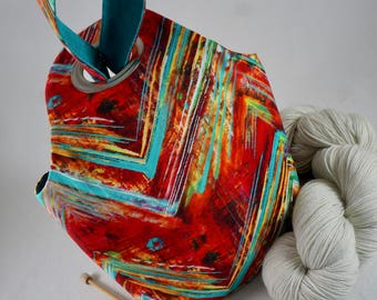 SMALL Red Chevron Project Bag, Knitting Project Bag, Reversible, Pocket, Crochet Project Bag, Saxi Bags, Saxi Bag, Yarn Bag, Knot Bag, Teal