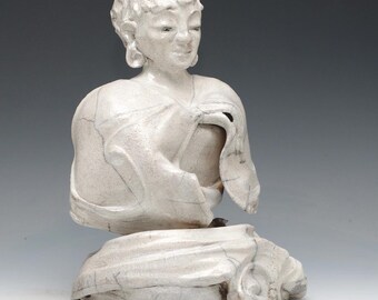 White Buddha Statue Seated in the Clouds Raku Ceramics