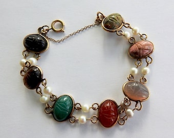 Gold Filled Carved Stone Scarab and Pearl Bracelet