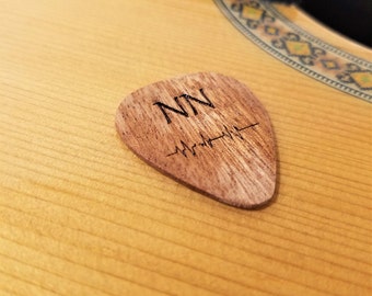 Personalized Soundwave Guitar Pick, Custom Engraved Music Soundwave Plectrum, Wood Laser Burned Initials and Sound Wave Guitar Pick