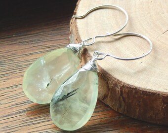 Prehnite Earrings, Green Prehnite, Wire Wrapped, Gemstone Earrings, Sterling Silver, Prehnite Jewelry, Faceted Gemstone Drops