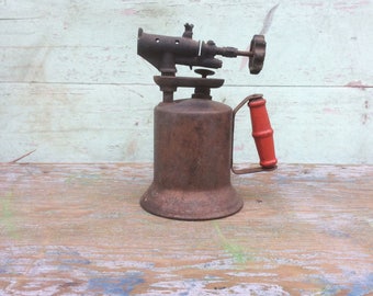 Industrial Steampunk "The Turner Brass Works" Copper Finish Metal Blow Torch w/ Red Wood Handle