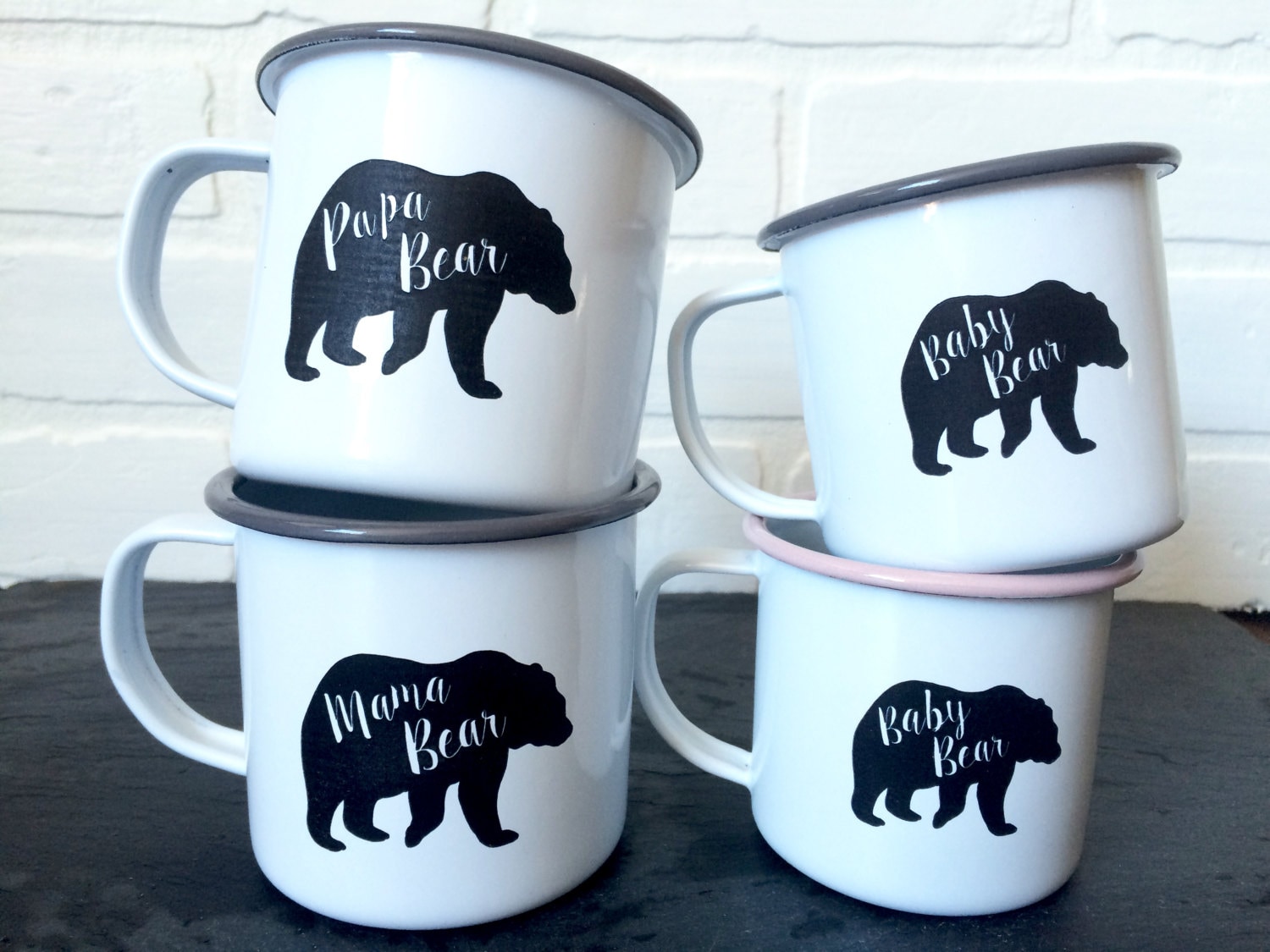 Mama Papa and 2 Baby Bear Enamel Mugs Set Personalized
