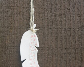 Woodland Ceramic Bird Feather Christmas Ornament Charm Porcelain White Home Decor Gift Idea, Handmade Artisan Pottery by Licia Lucas Pfadt