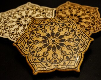 Laser Engraved Handmade Seed Earth Mandala Nature Circle Wooden Coaster