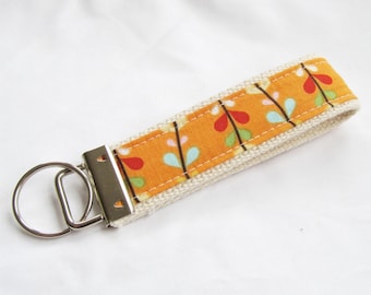 KeyFob Key Chain Wristlet in Bloom Vines in Orange - Fabric Keychain